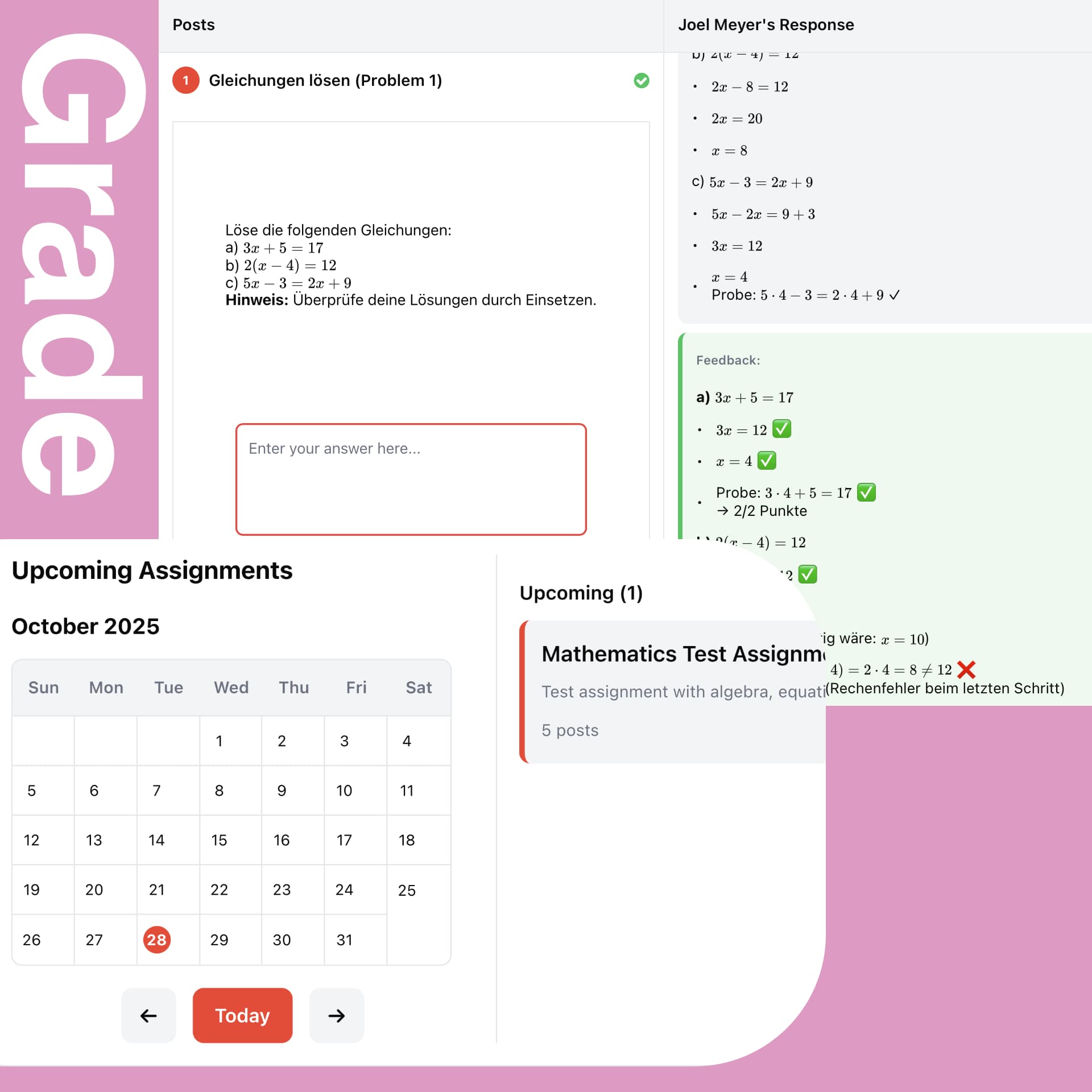 Automatische Korrektur-Interface mit KI-generiertem Feedback und zusammengefassten Aufgabenergebnissen