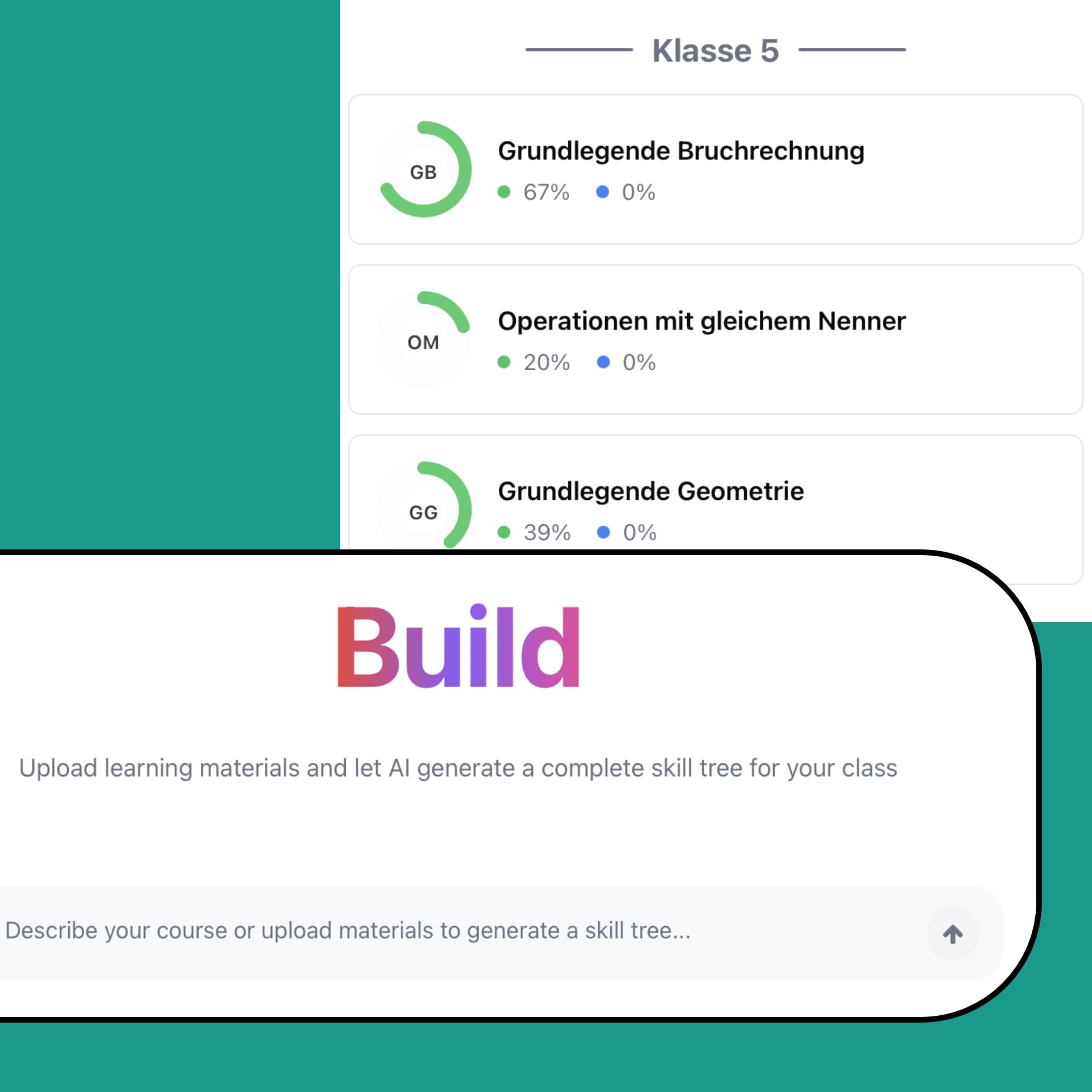 Kursbuilder Interface mit hochgeladenen Materialien und KI-generierter Unterrichtsstruktur mit Aufgaben und Quizzes
