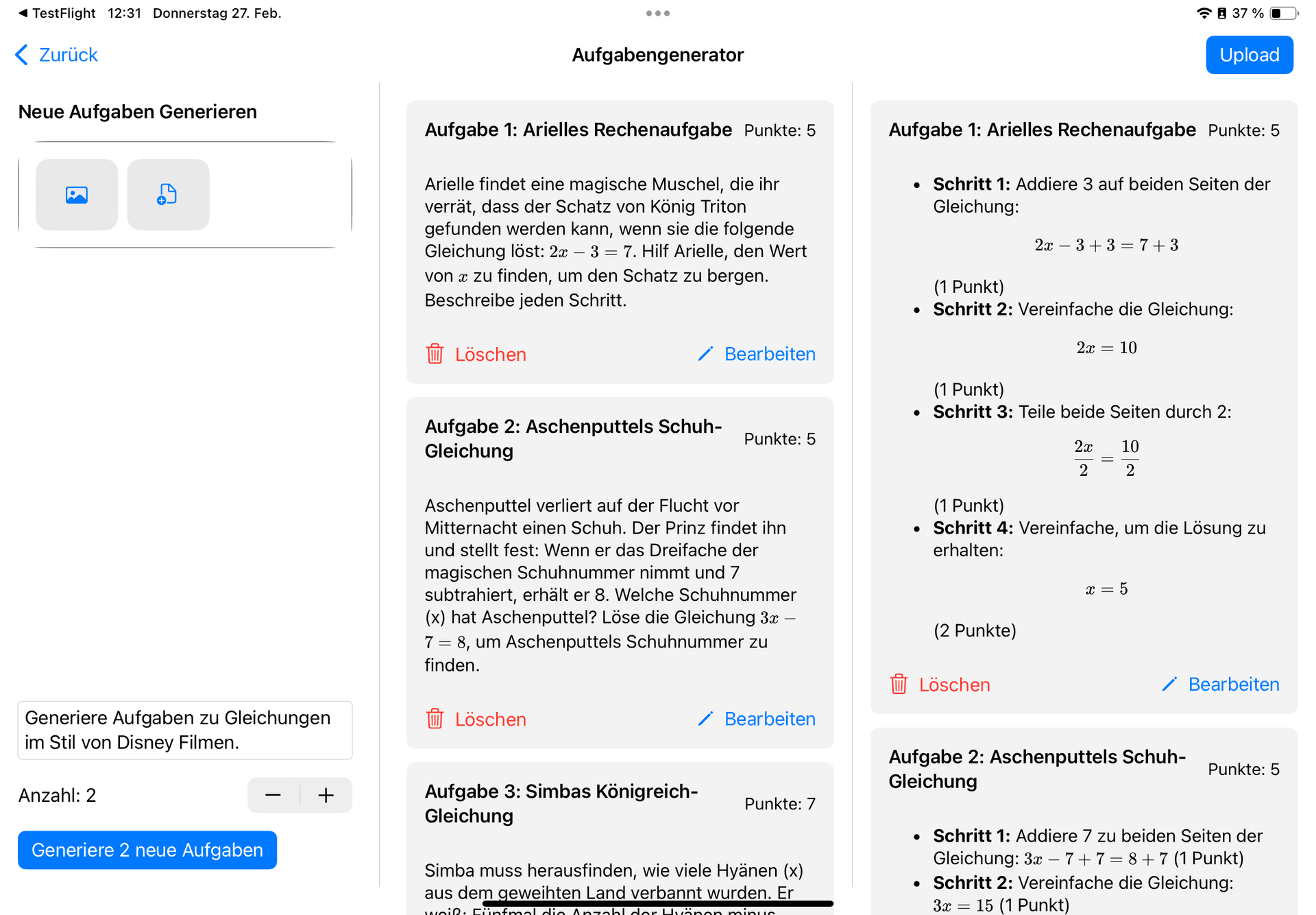 Screenshot der automatischen Fragengenerierung für Lehrer mit KI-basierten personalisierten Aufgaben